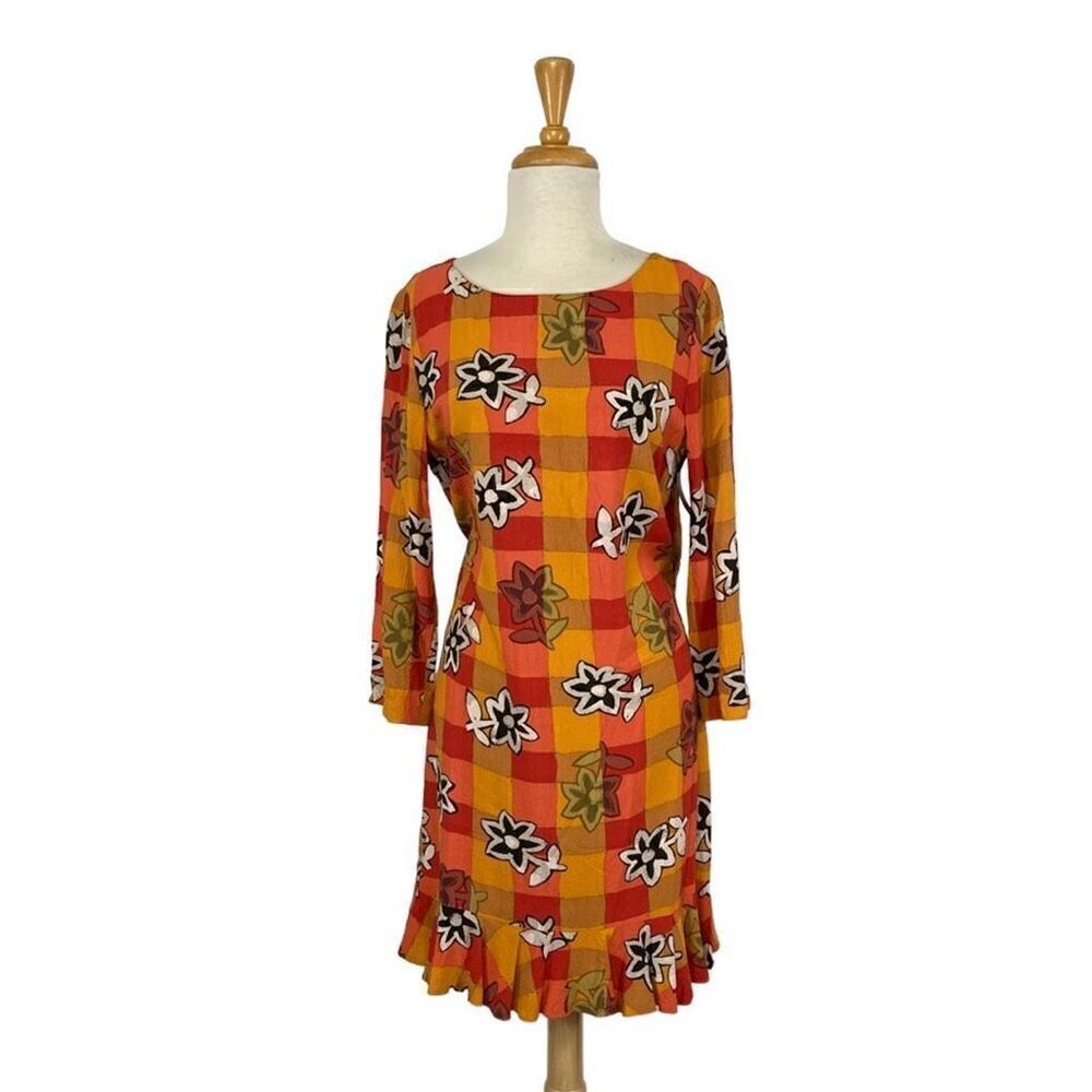 Handmade S Orange Floral Plaid Dress Midi Drop Waist 20s Cottagecore African